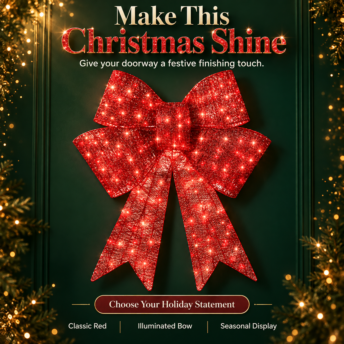 Pre-lit Christmas bow, large outdoor LED-illuminated holiday decoration with 8 lighting functions and hanging hook.