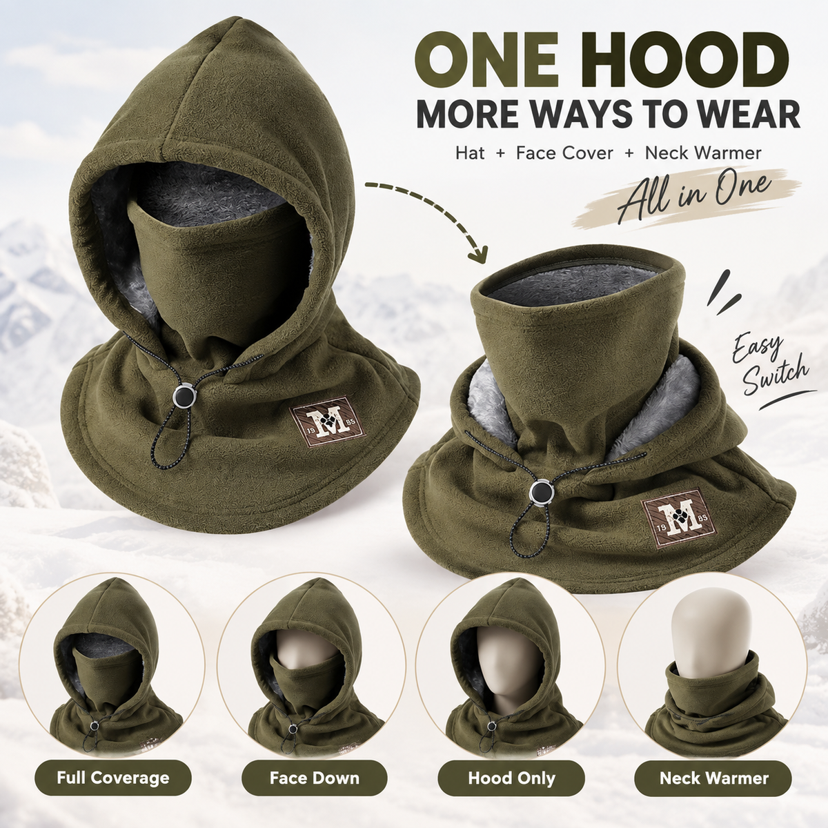 3-in-1 Winter Fleece Balaclava Hood - Warm Face, Ear & Neck Cover