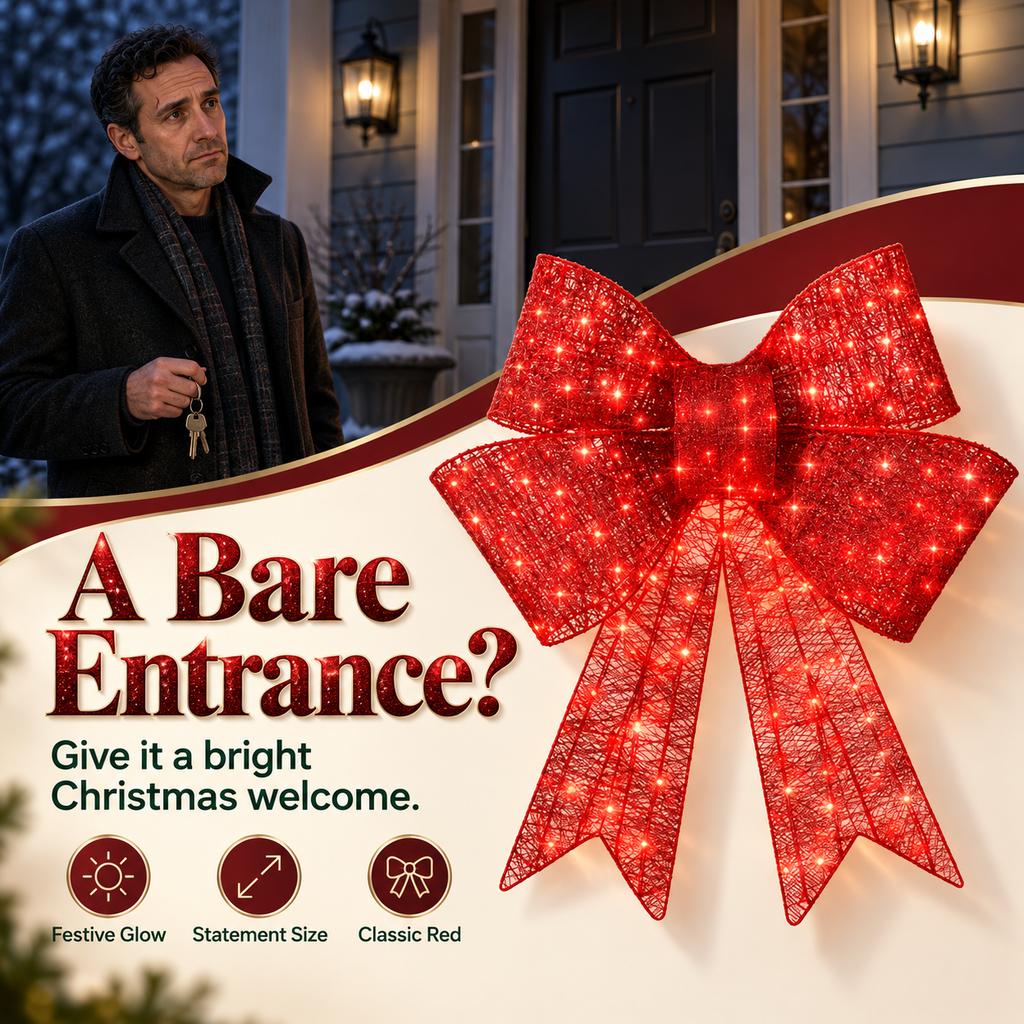 Pre-lit Christmas bow, large outdoor LED-illuminated holiday decoration with 8 lighting functions and hanging hook.