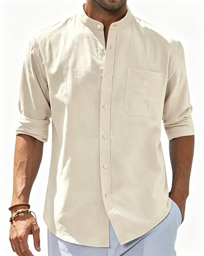 Men's Cotton Linen Long Sleeve Shirts Casual Button Down Banded Collar Shirt Beach Summer Tops with Pocket