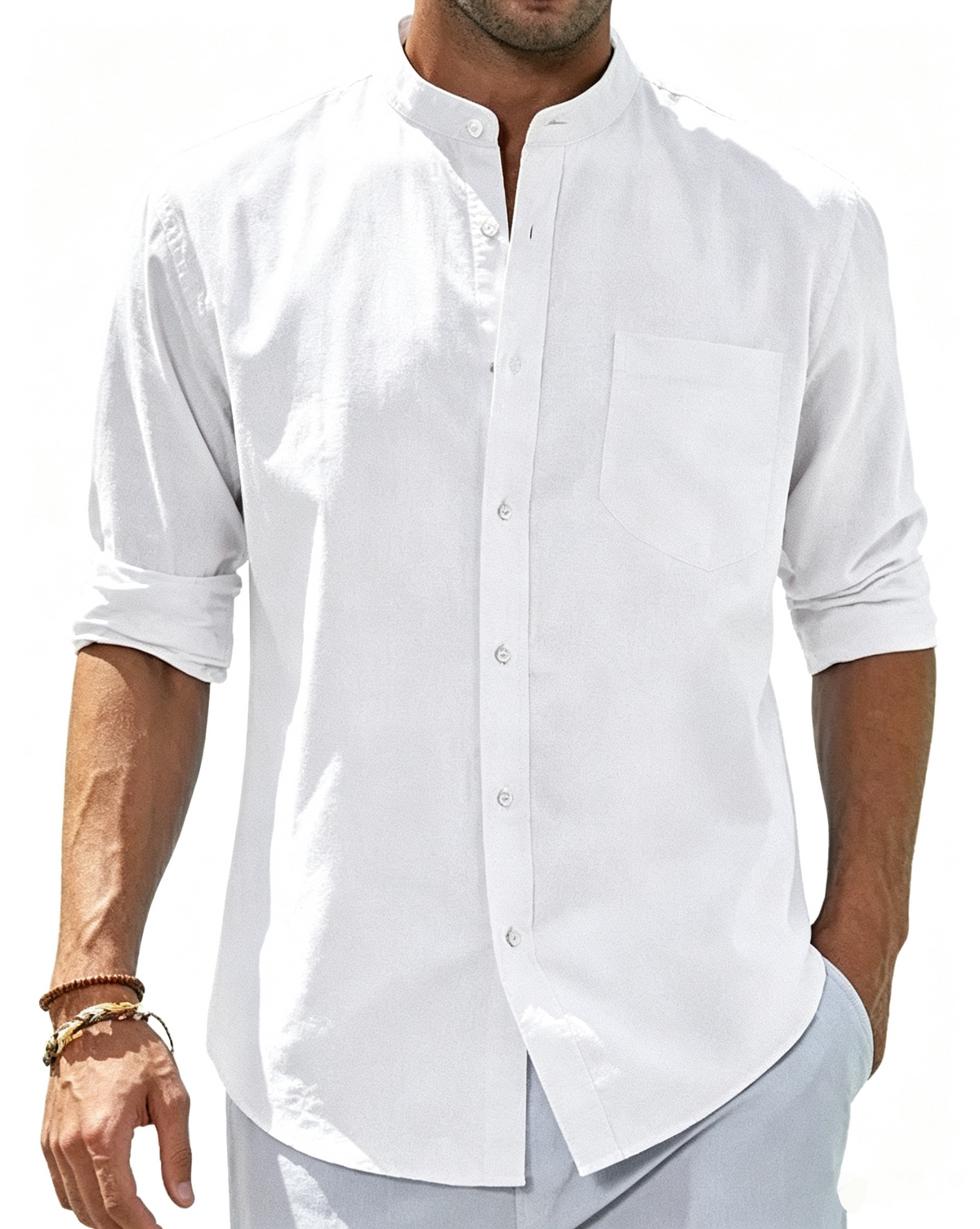 Men's Cotton Linen Long Sleeve Shirts Casual Button Down Banded Collar Shirt Beach Summer Tops with Pocket