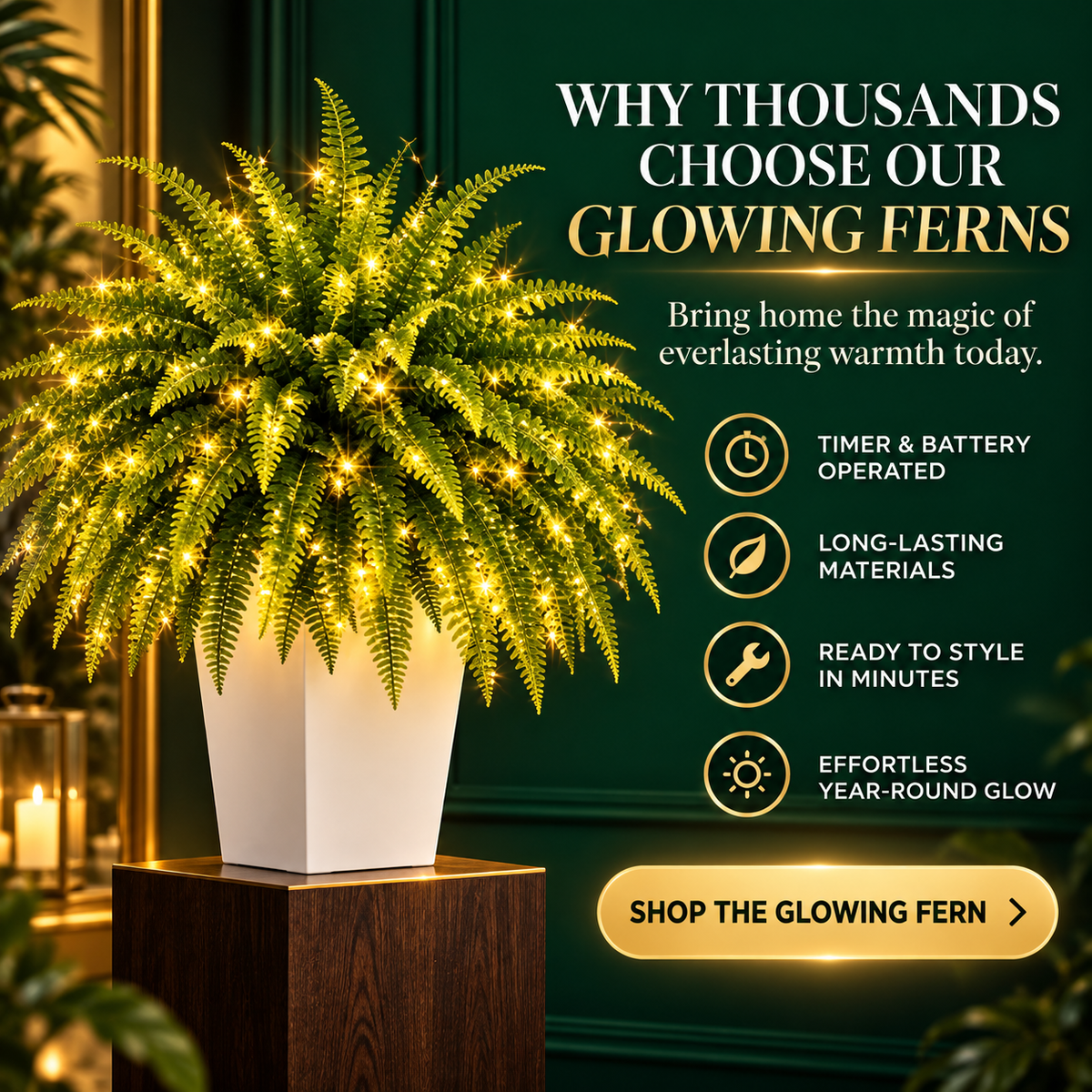 💛Glowing Boston Ferns with Lights – 🌿 Zero Watering, Zero Maintenance