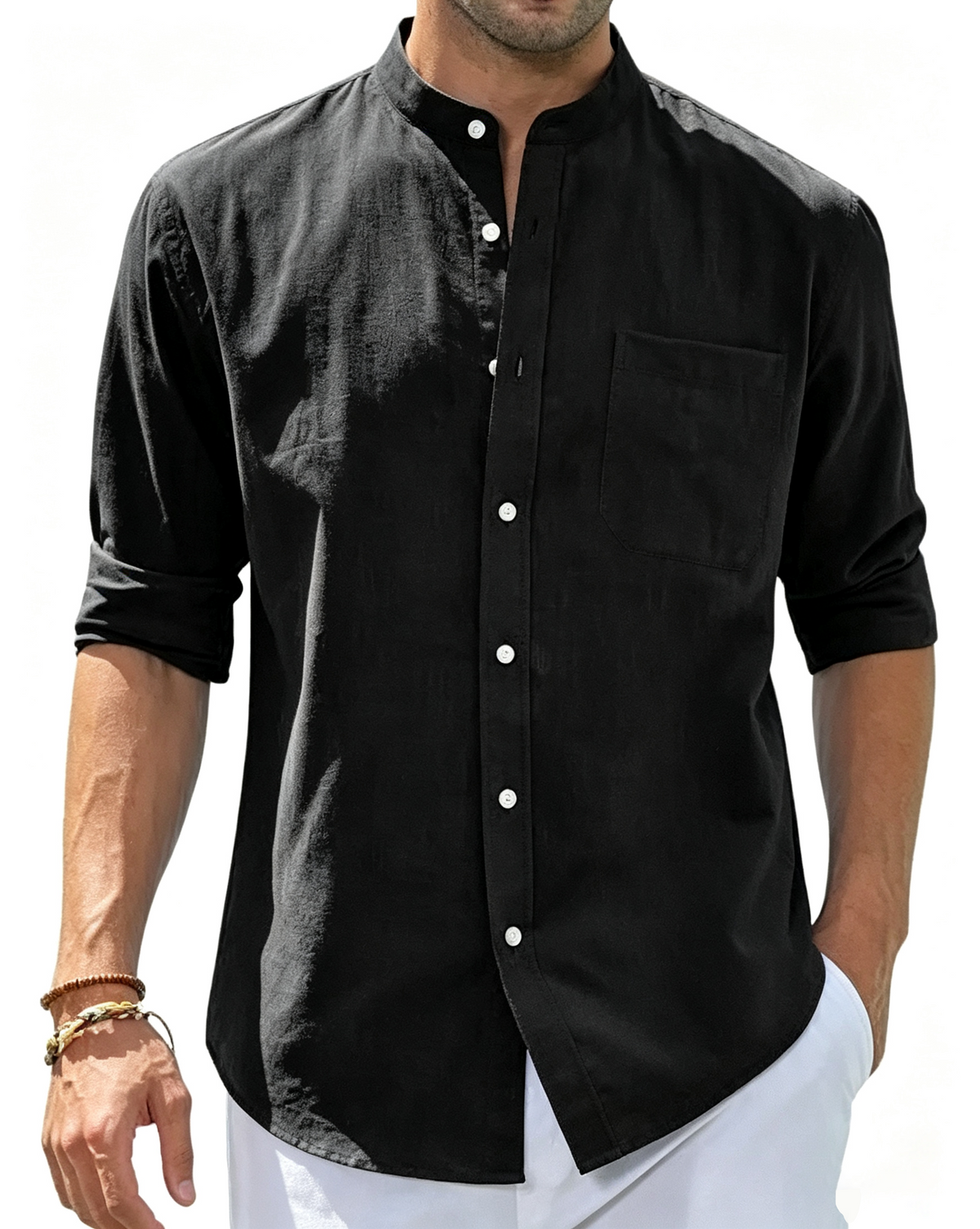 Men's Cotton Linen Long Sleeve Shirts Casual Button Down Banded Collar Shirt Beach Summer Tops with Pocket