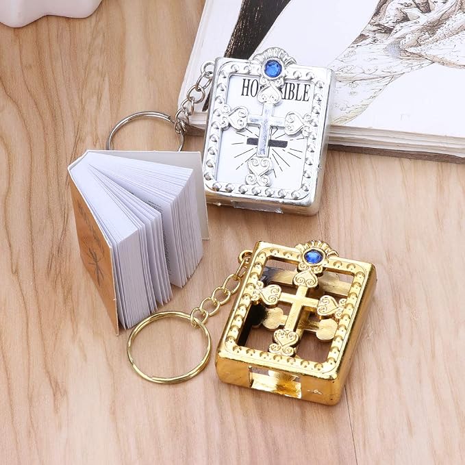 Mini Holy Bible Keychain Religious Favor Christian Jesus Keychain Keyring (Golden and Silver)