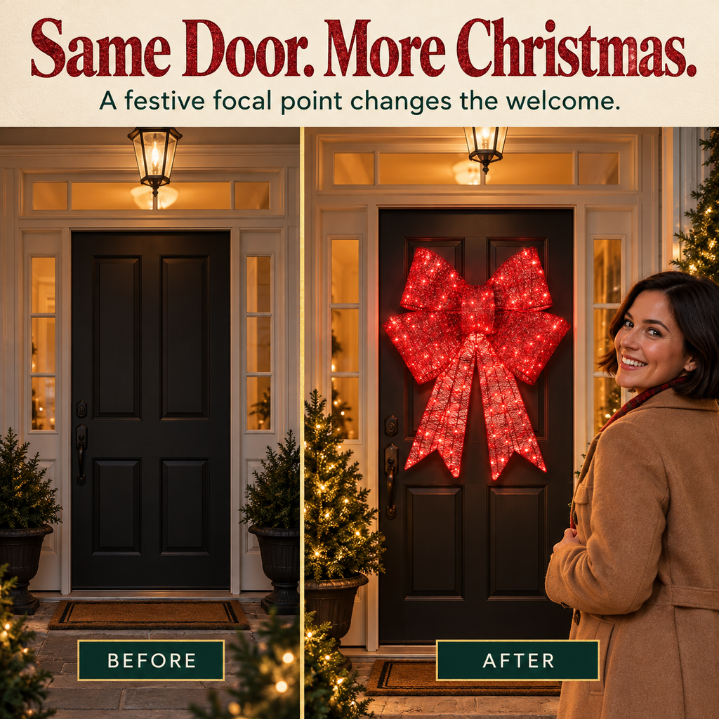 Pre-lit Christmas bow, large outdoor LED-illuminated holiday decoration with 8 lighting functions and hanging hook.