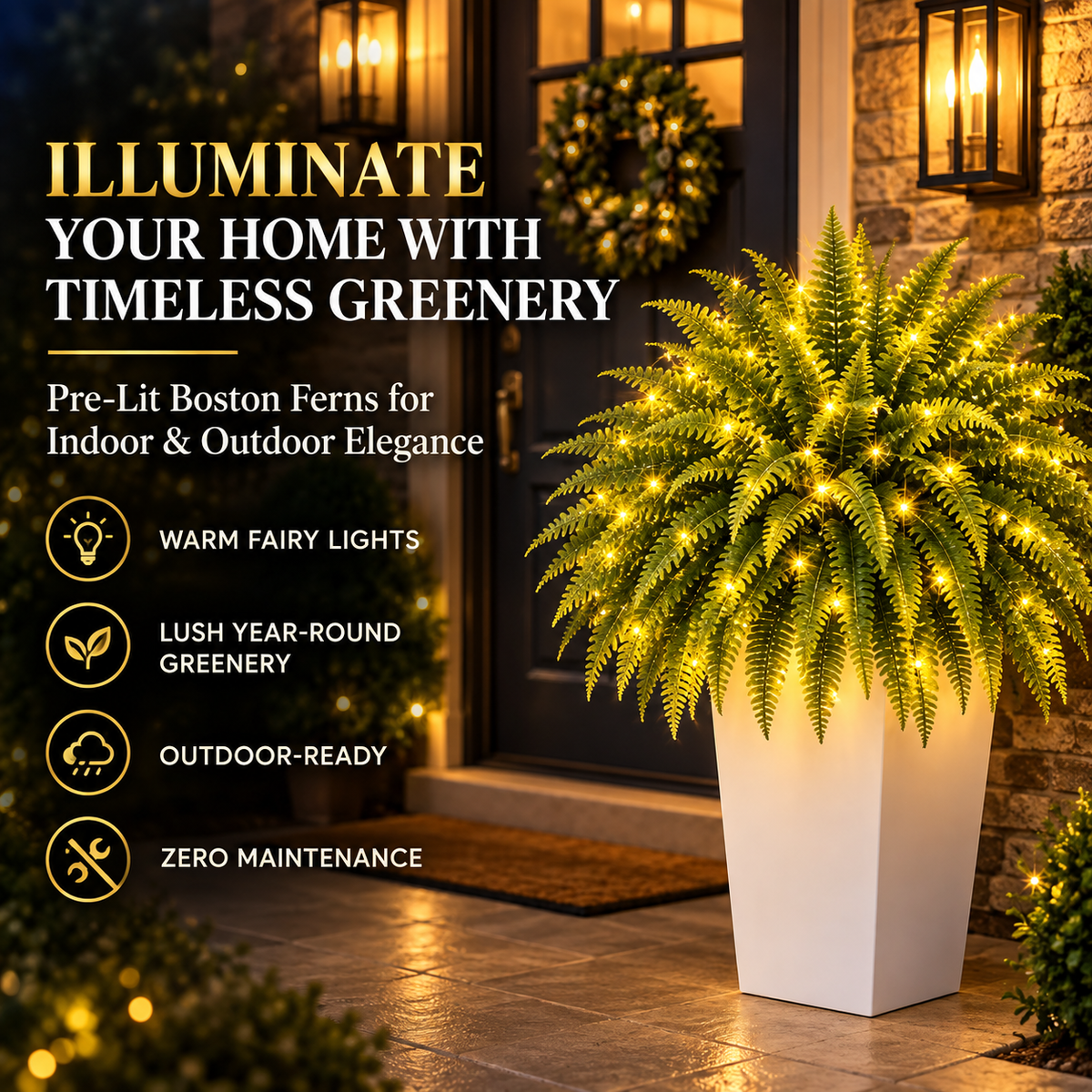 💛Glowing Boston Ferns with Lights – 🌿 Zero Watering, Zero Maintenance