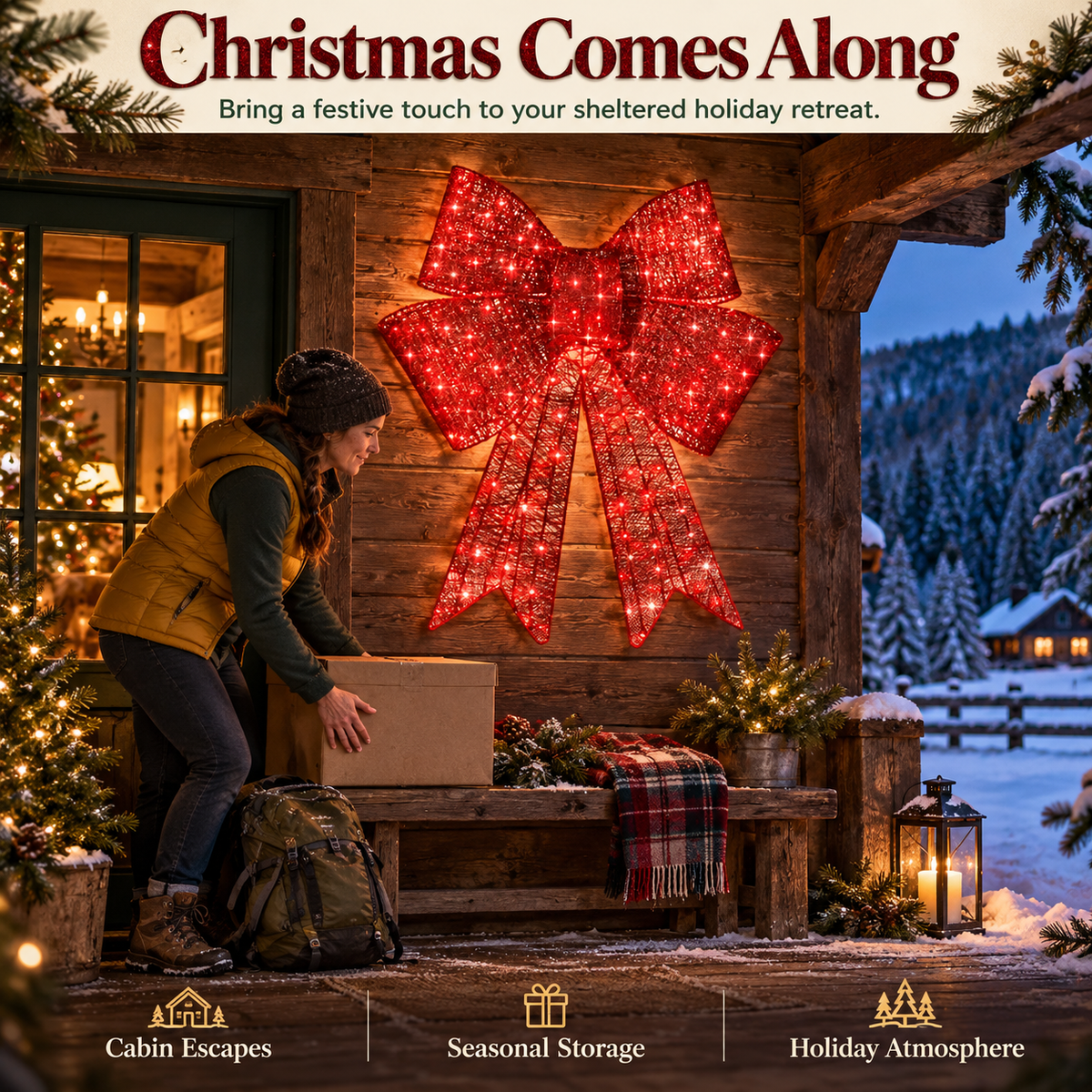 Pre-lit Christmas bow, large outdoor LED-illuminated holiday decoration with 8 lighting functions and hanging hook.