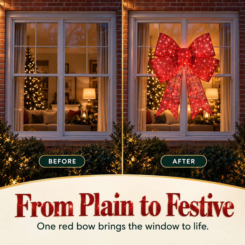Pre-lit Christmas bow, large outdoor LED-illuminated holiday decoration with 8 lighting functions and hanging hook.