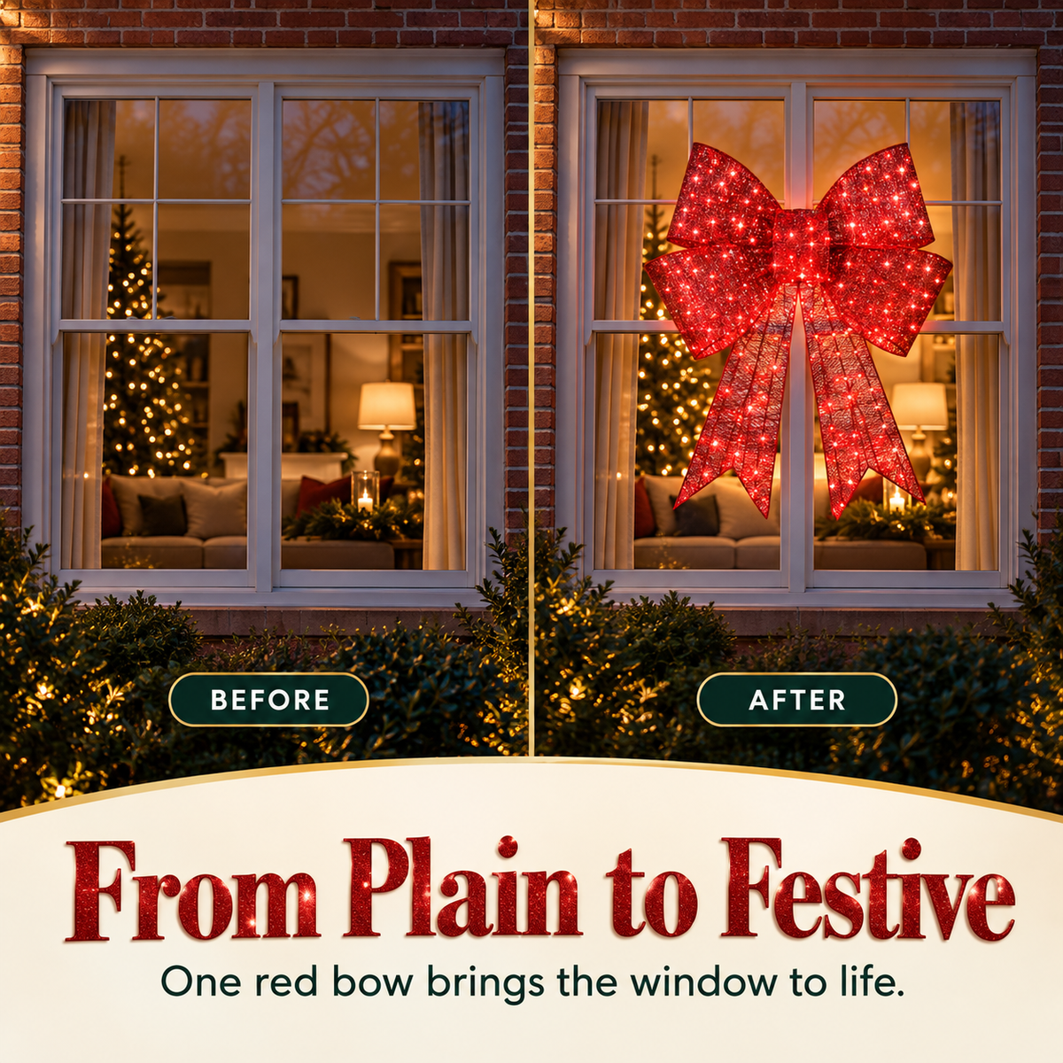 Pre-lit Christmas bow, large outdoor LED-illuminated holiday decoration with 8 lighting functions and hanging hook.