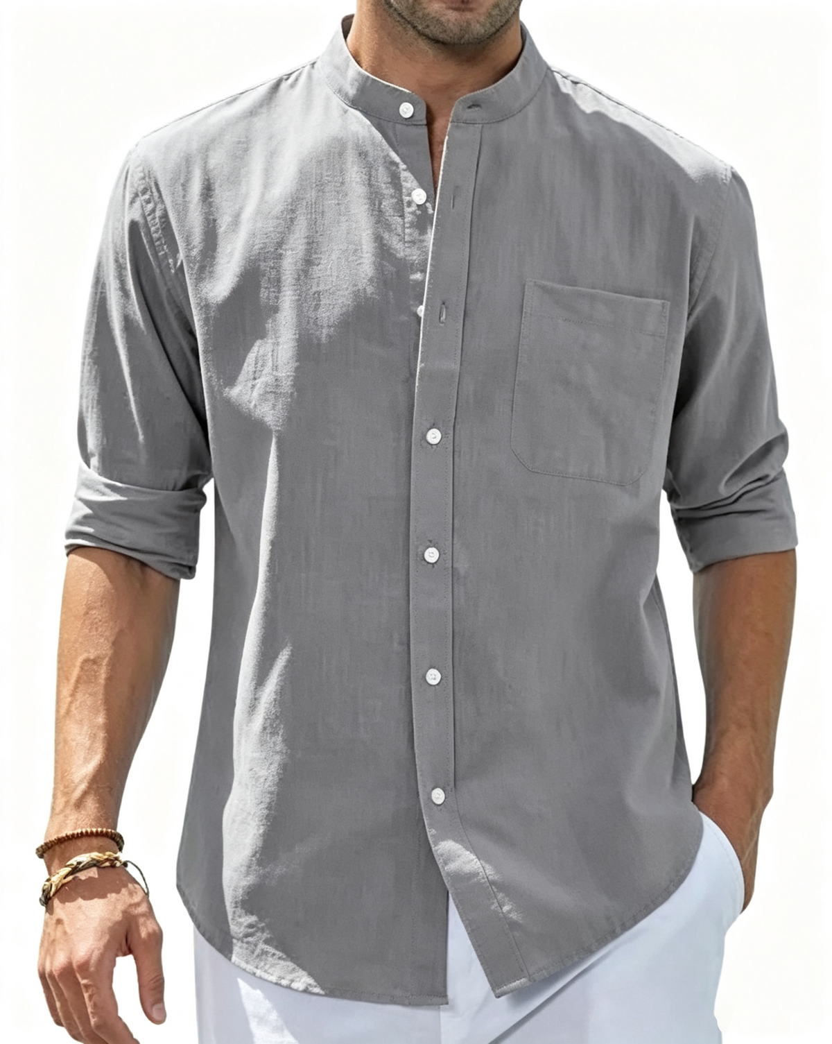 Men's Cotton Linen Long Sleeve Shirts Casual Button Down Banded Collar Shirt Beach Summer Tops with Pocket