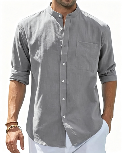 Men's Cotton Linen Long Sleeve Shirts Casual Button Down Banded Collar Shirt Beach Summer Tops with Pocket