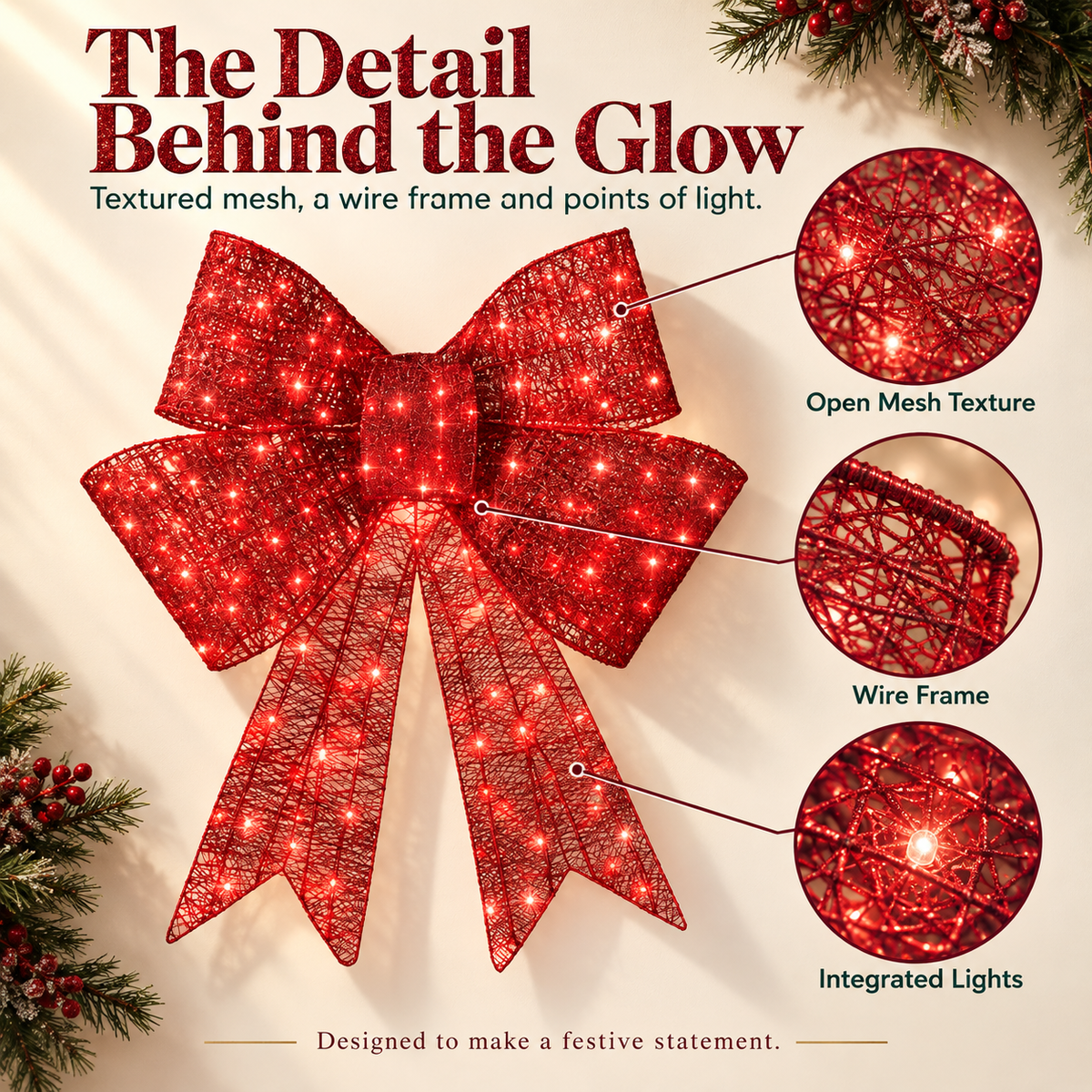 Pre-lit Christmas bow, large outdoor LED-illuminated holiday decoration with 8 lighting functions and hanging hook.